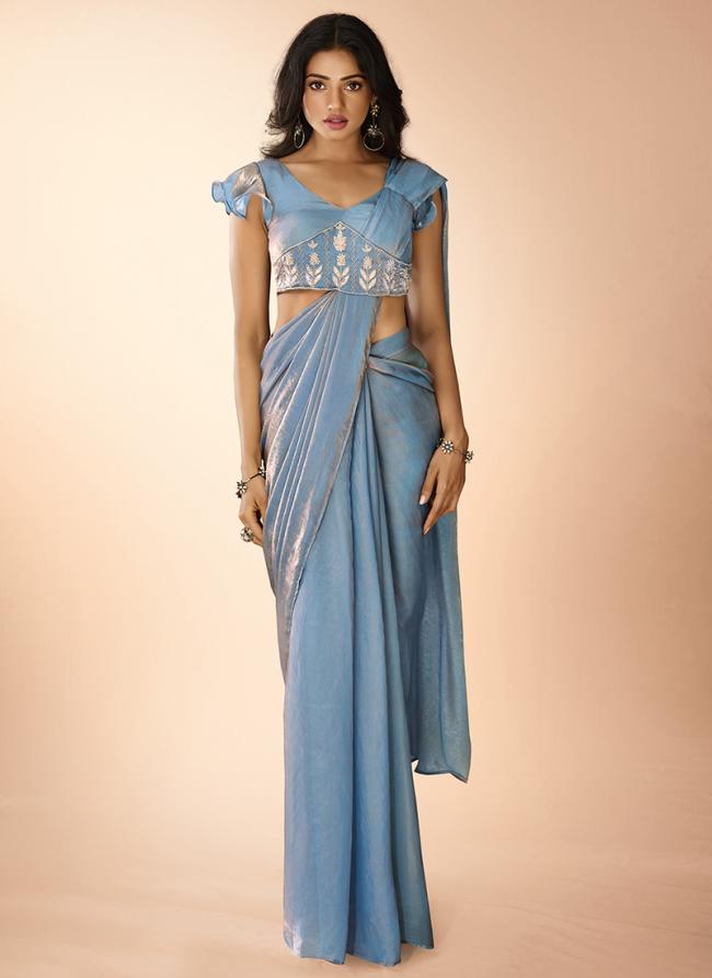 Organza Sky Blue Party Wear Hand Work Ready To Wear Saree